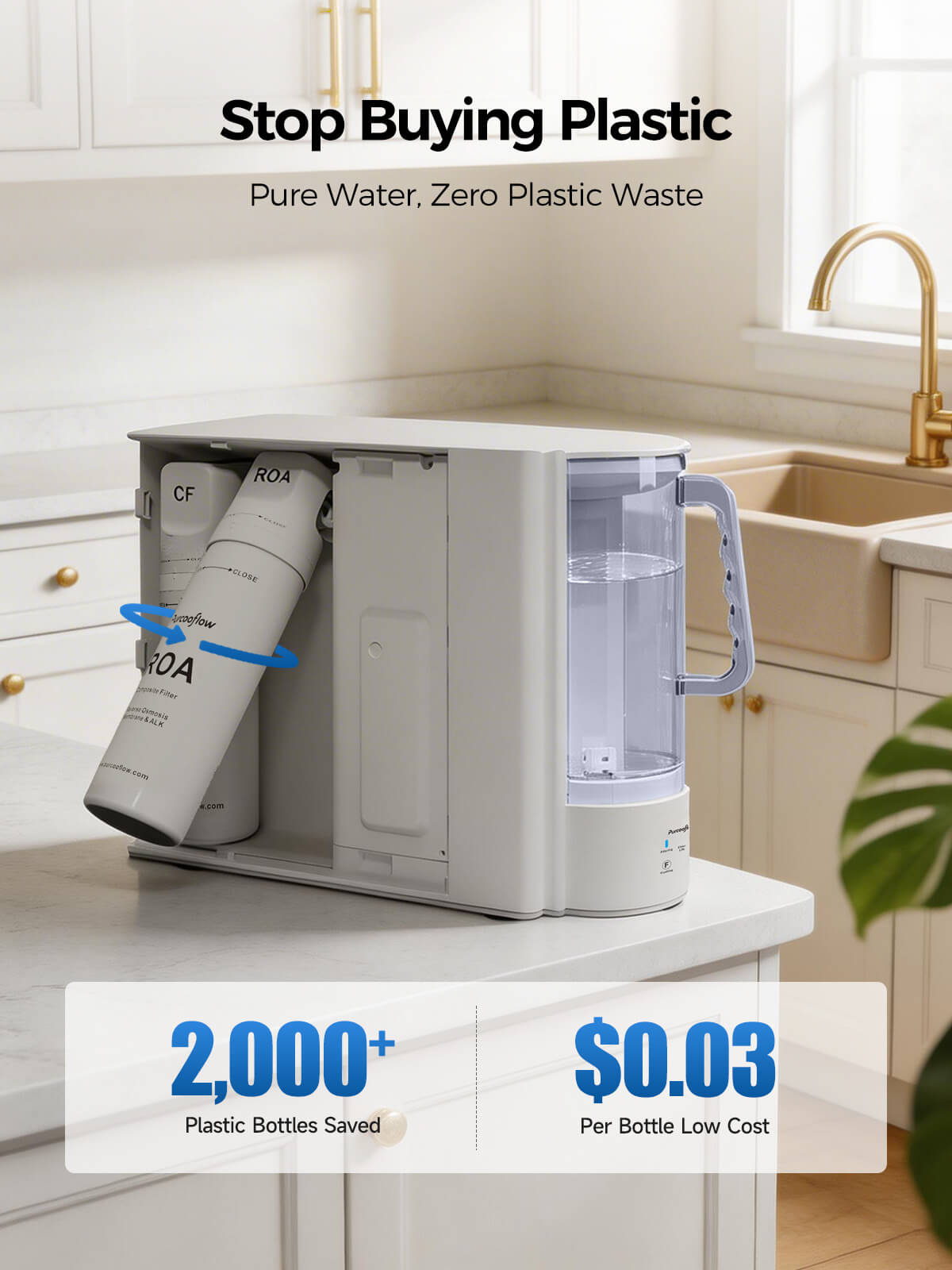Purcooflow P3A Auto-Fill 5-Stage Countertop RO System with Alkaline Mineral And Portable Pitcher