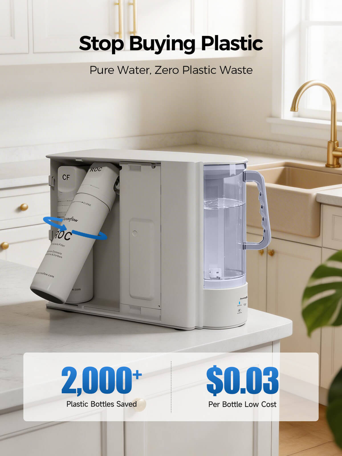 Purcooflow P3 Auto-Fill 5-Stage Countertop RO System with Post-CTO Polishing and Portable Pitcher