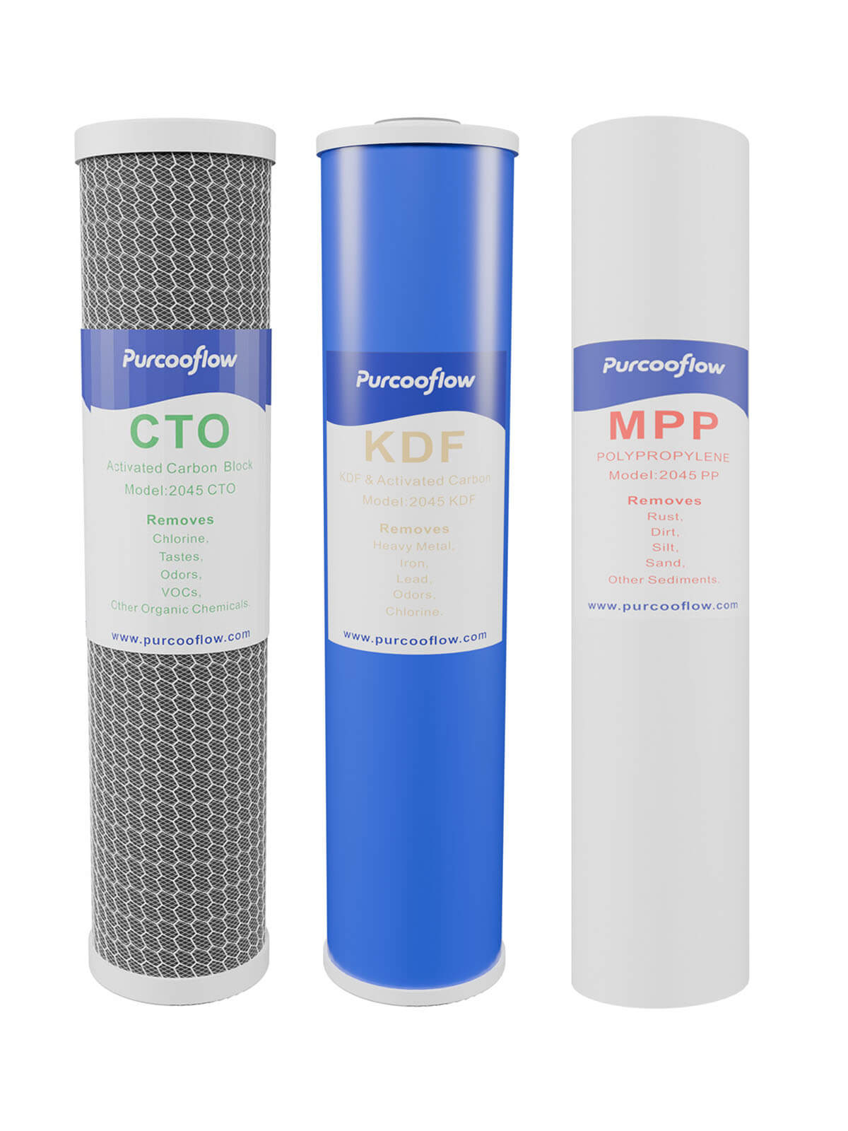 Purcooflow 20" x 4.5" Heavy Metal Reduction Filter Set - 3-Stage PP, KDF & CTO for Lead, Mercury & Arsenic Removal