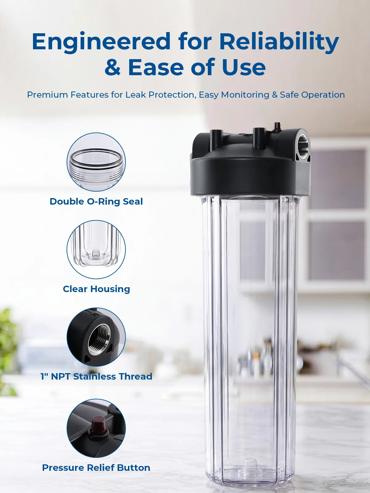 Purcooflow WHF2045C | 20" x 4.5" Clear Whole House Water Filter Housing for Well & City Water