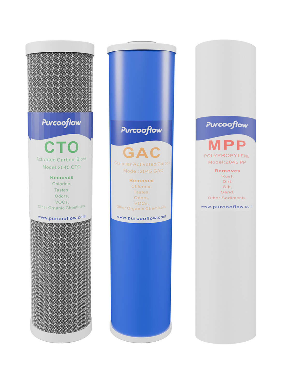 Purcooflow 20" x 4.5" Whole House Water Filter Set 3-Stage - PP, GAC & CTO for Ultimate Chlorine, Taste & Odor Reduction