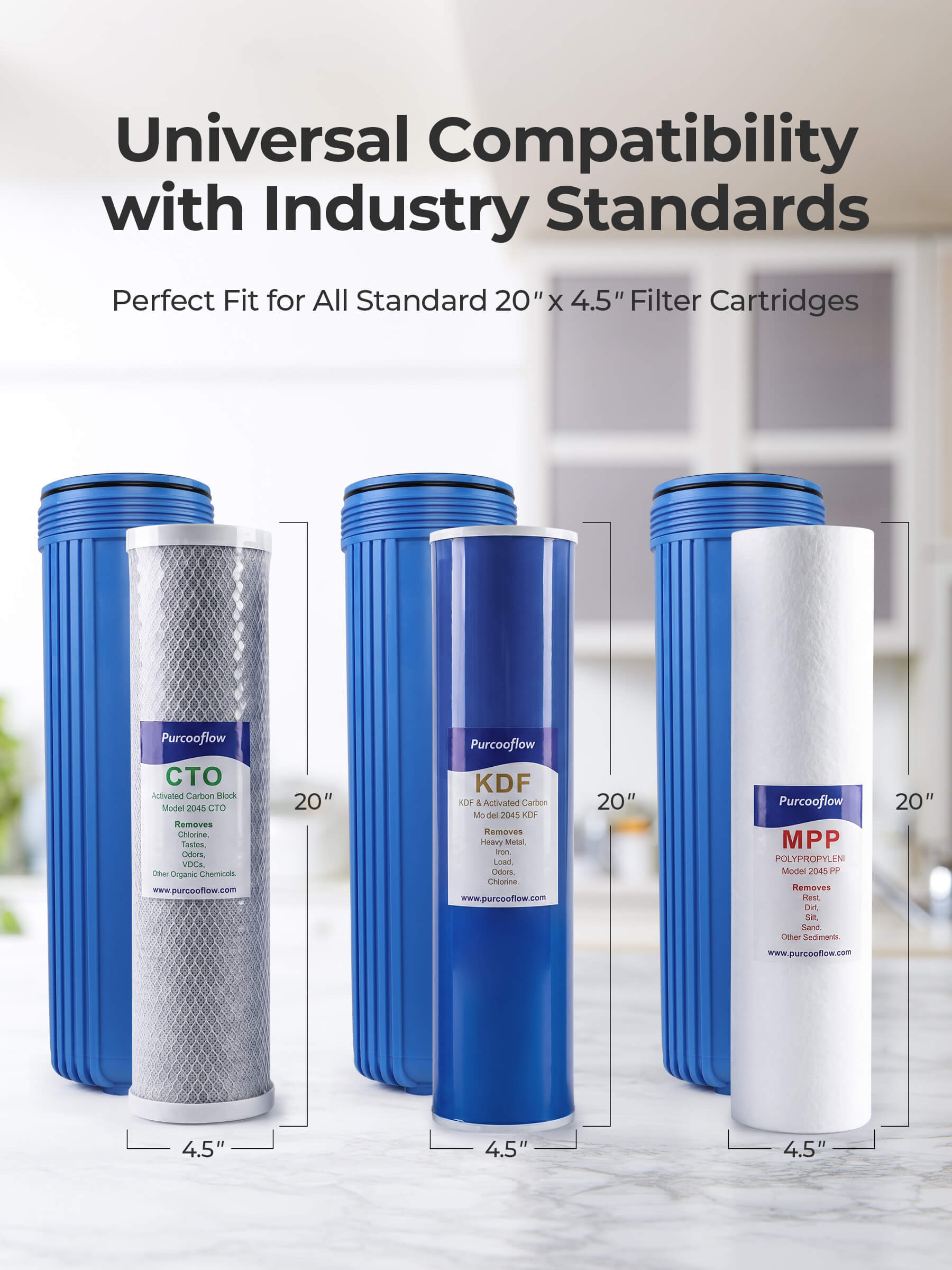 Purcooflow WHF2045B302 Replacement Filter Set - 20" x 4.5", 3-Stage PP, KDF & CTO for Iron, Manganese, Lead, Mercury Removal