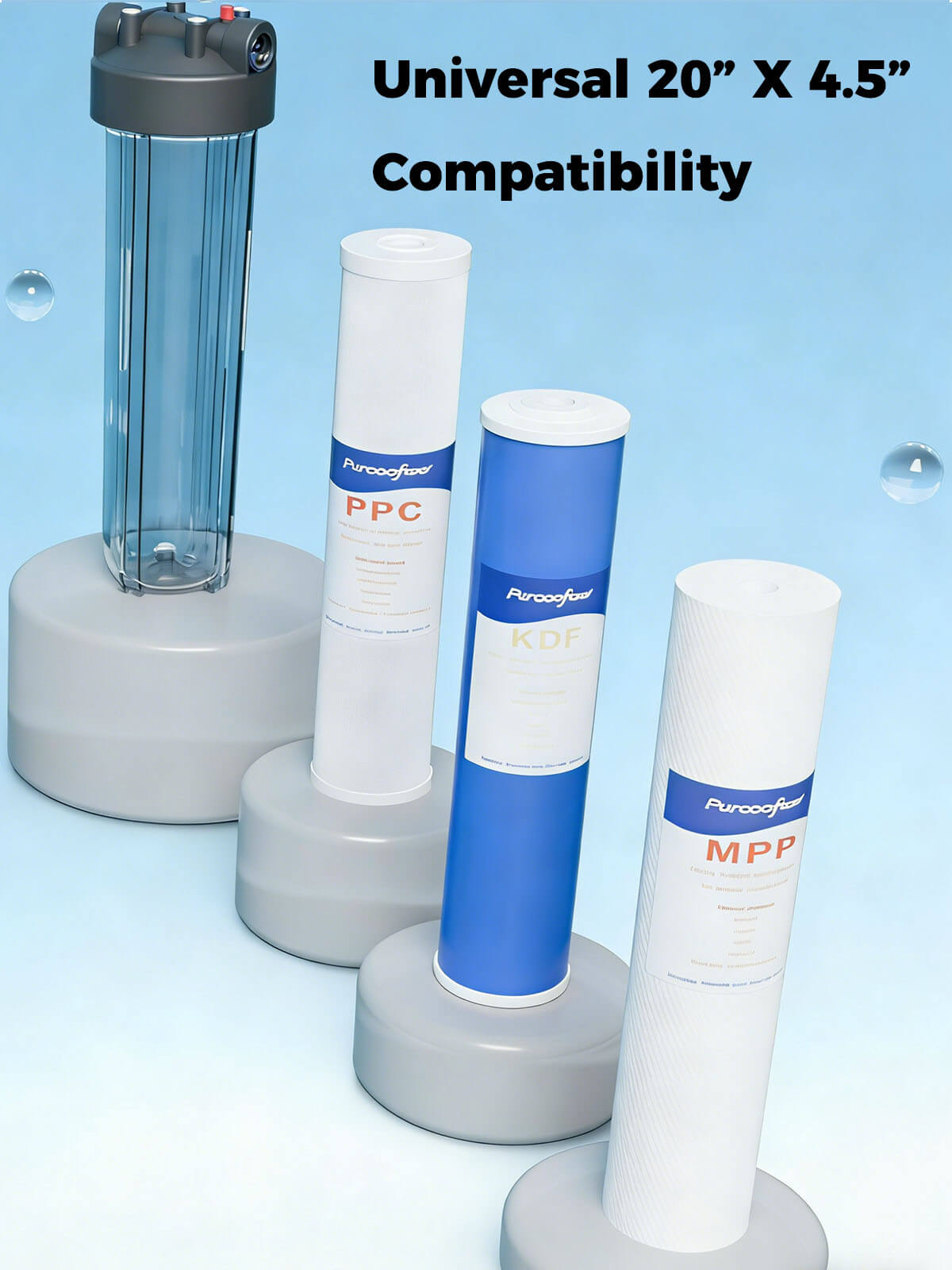 Purcooflow WHF2045C | 20" x 4.5" Clear Whole House Water Filter Housing for Well & City Water