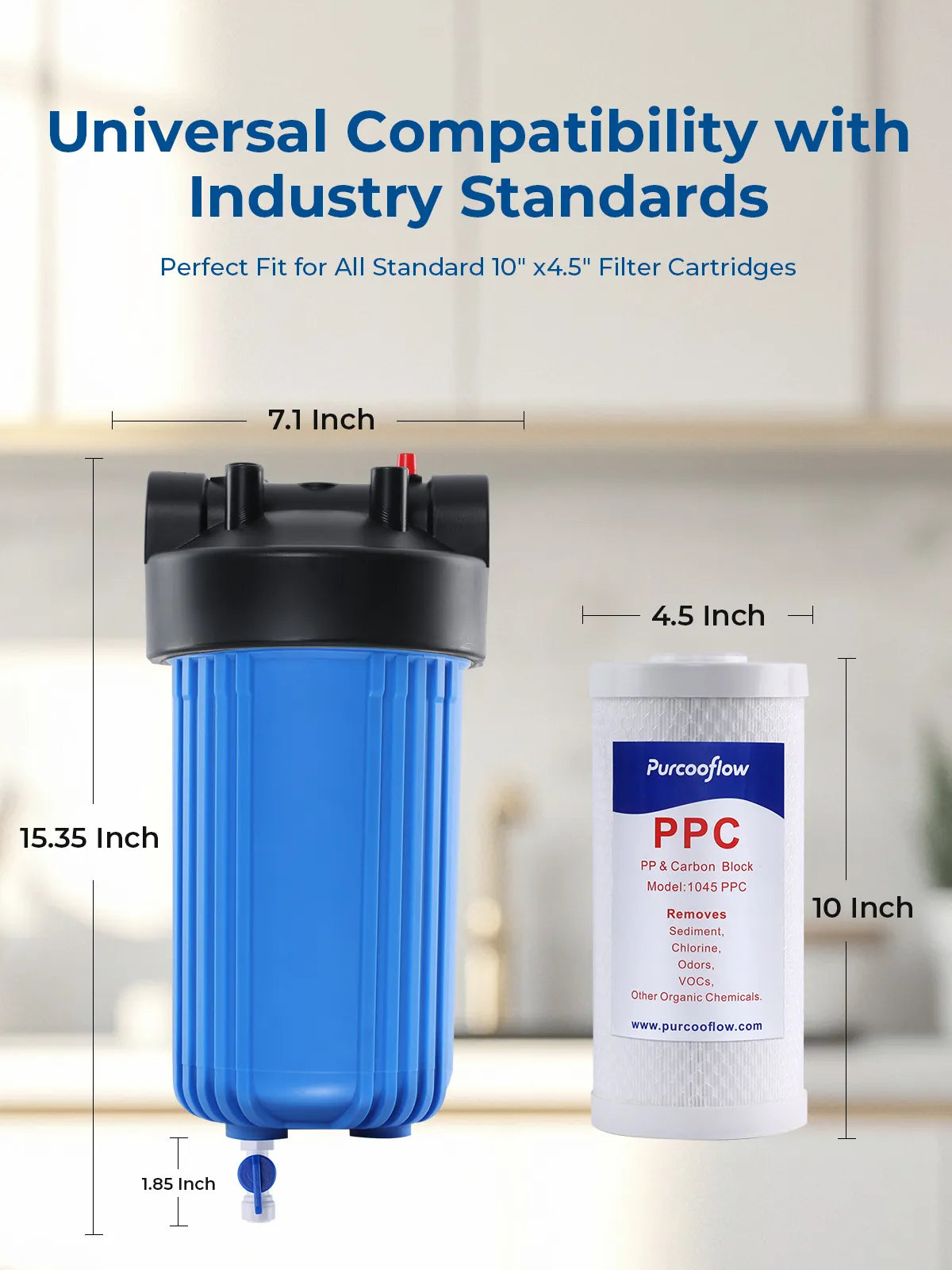 Purcooflow WHF1045B 10" x 4.5" Compact Big Blue Housing with Integrated Drain Valve for Well & City Water