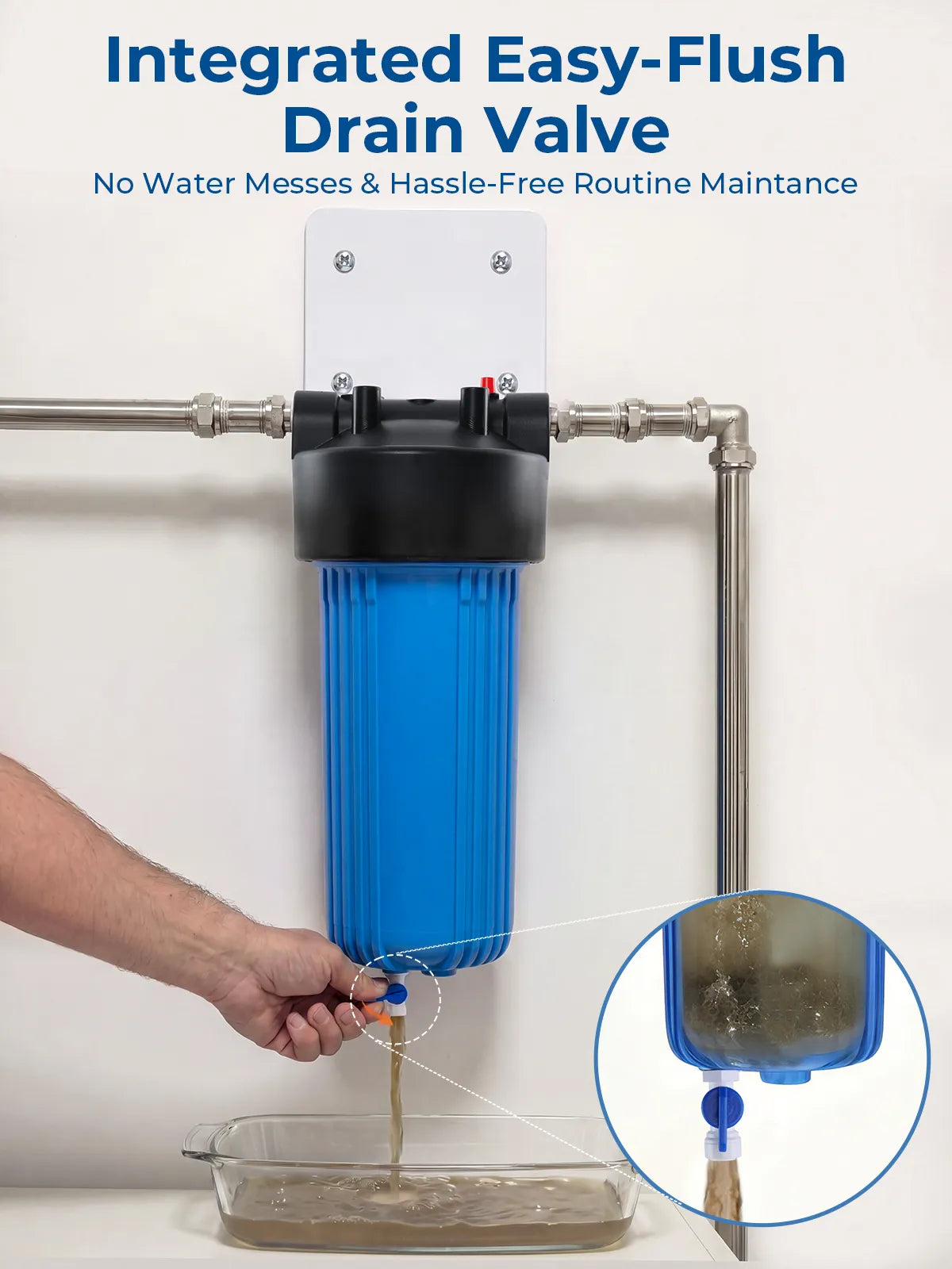 Purcooflow WHF1045B 10" x 4.5" Compact Big Blue Housing with Integrated Drain Valve for Well & City Water