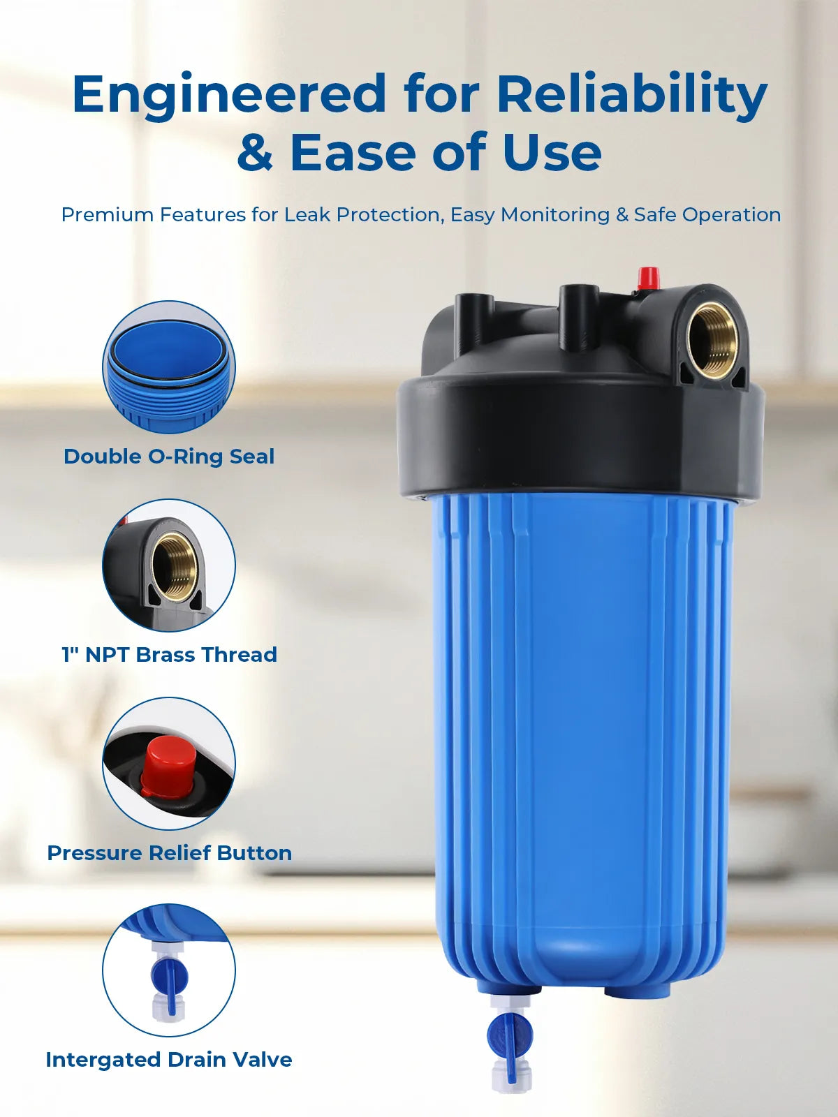 Purcooflow WHF1045B 10" x 4.5" Compact Big Blue Housing with Integrated Drain Valve for Well & City Water