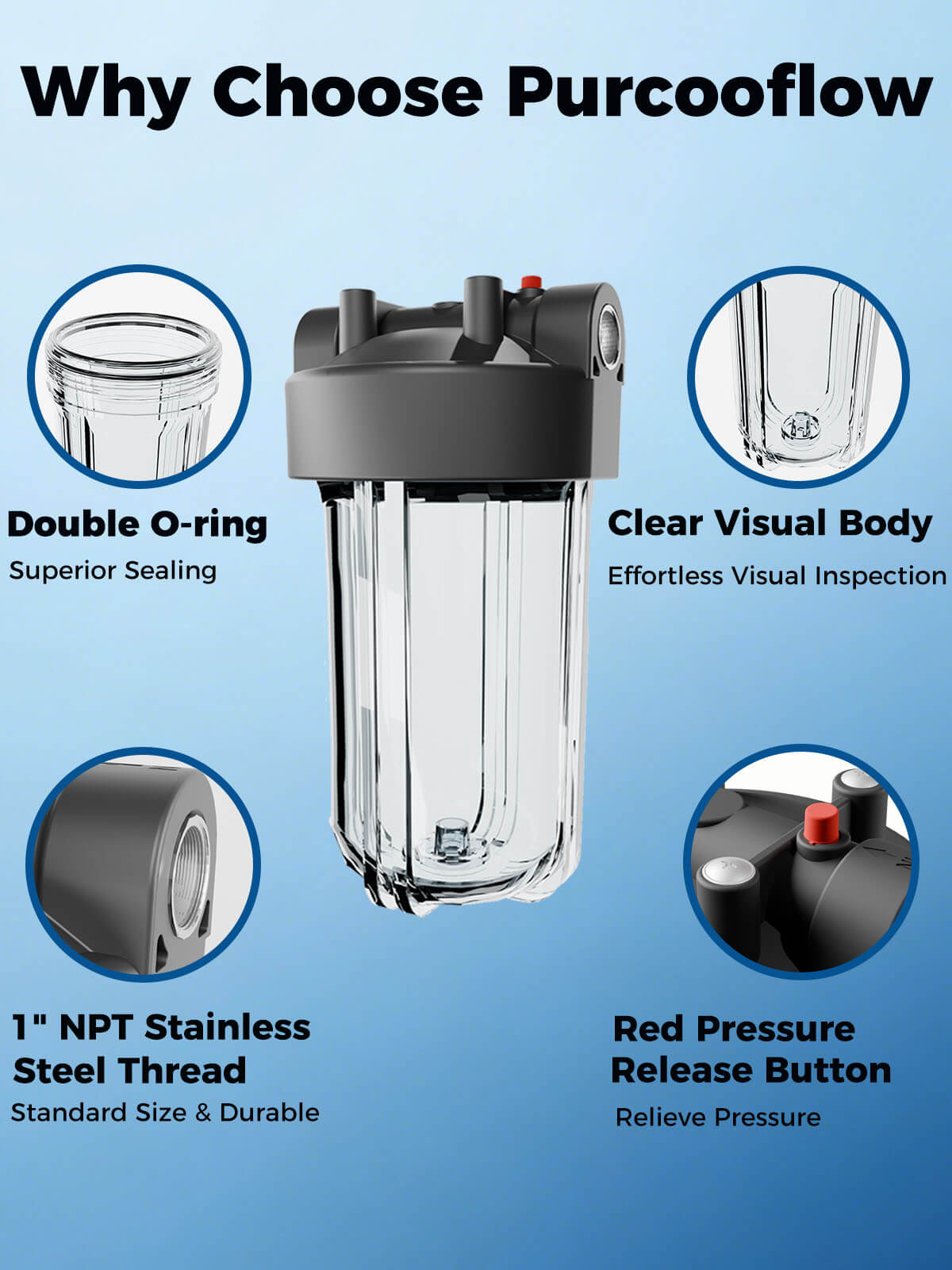 Purcooflow WHF1045C | 10" x 4.5" Clear Whole House Water Filter Housing for Well & City Water