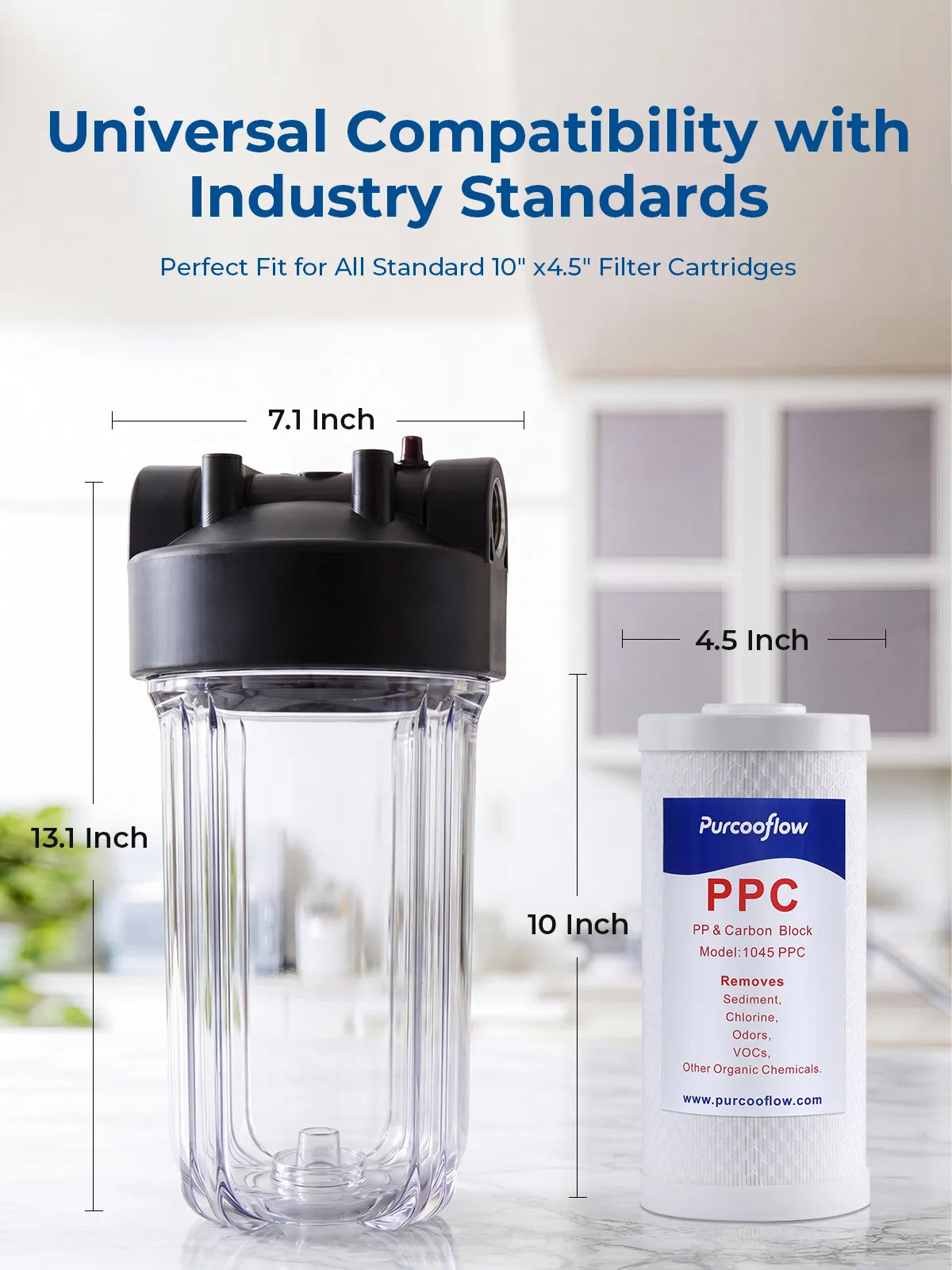 Purcooflow WHF1045C | 10" x 4.5" Clear Whole House Water Filter Housing for Well & City Water