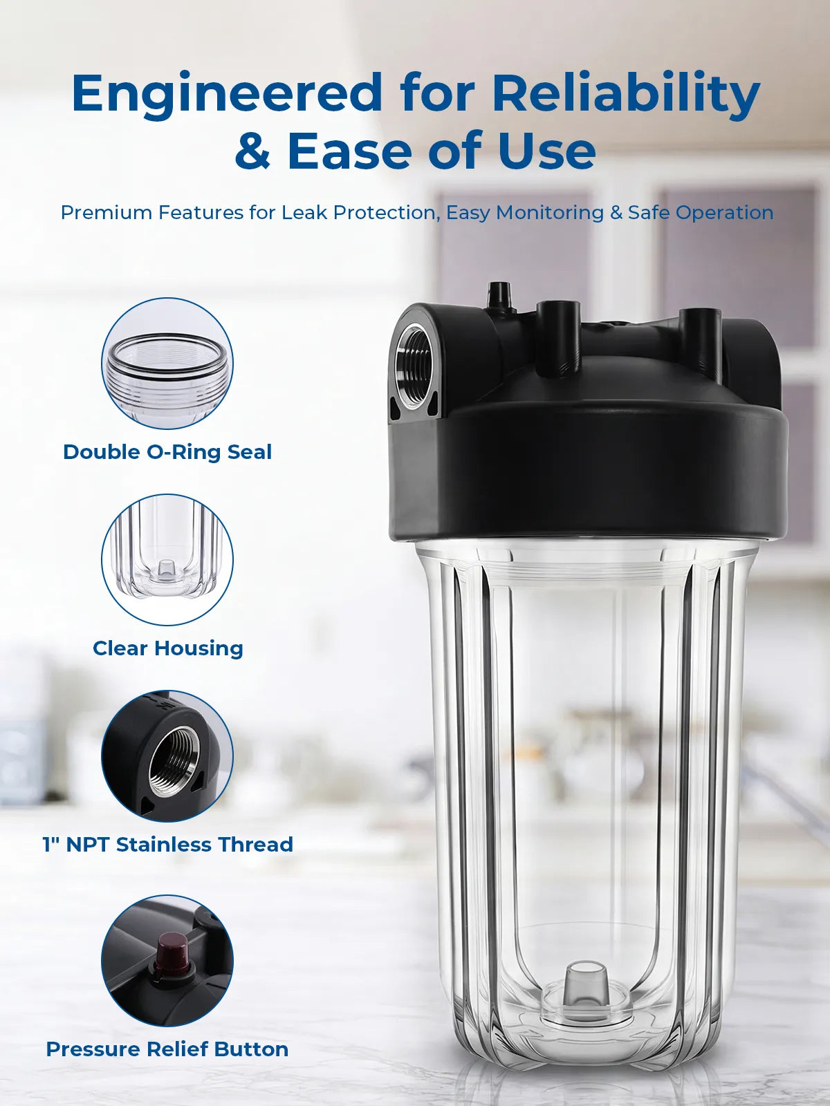 Purcooflow WHF1045C | 10" x 4.5" Clear Whole House Water Filter Housing for Well & City Water