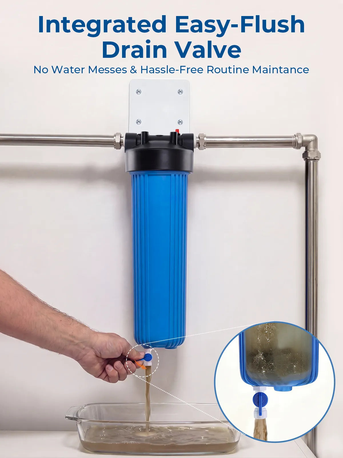 Purcooflow WHF2045B 20" x 4.5" Big Blue Housing with Integrated Drain Valve for Well & City Water