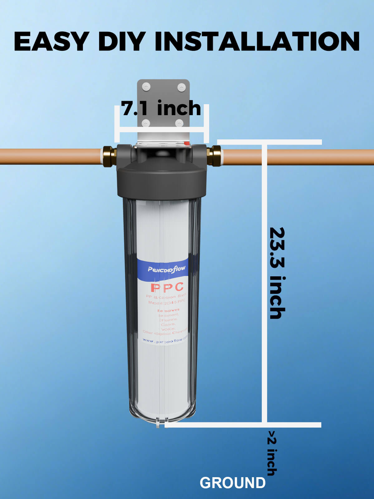 Purcooflow WHF2045C | 20" x 4.5" Clear Whole House Water Filter Housing for Well & City Water