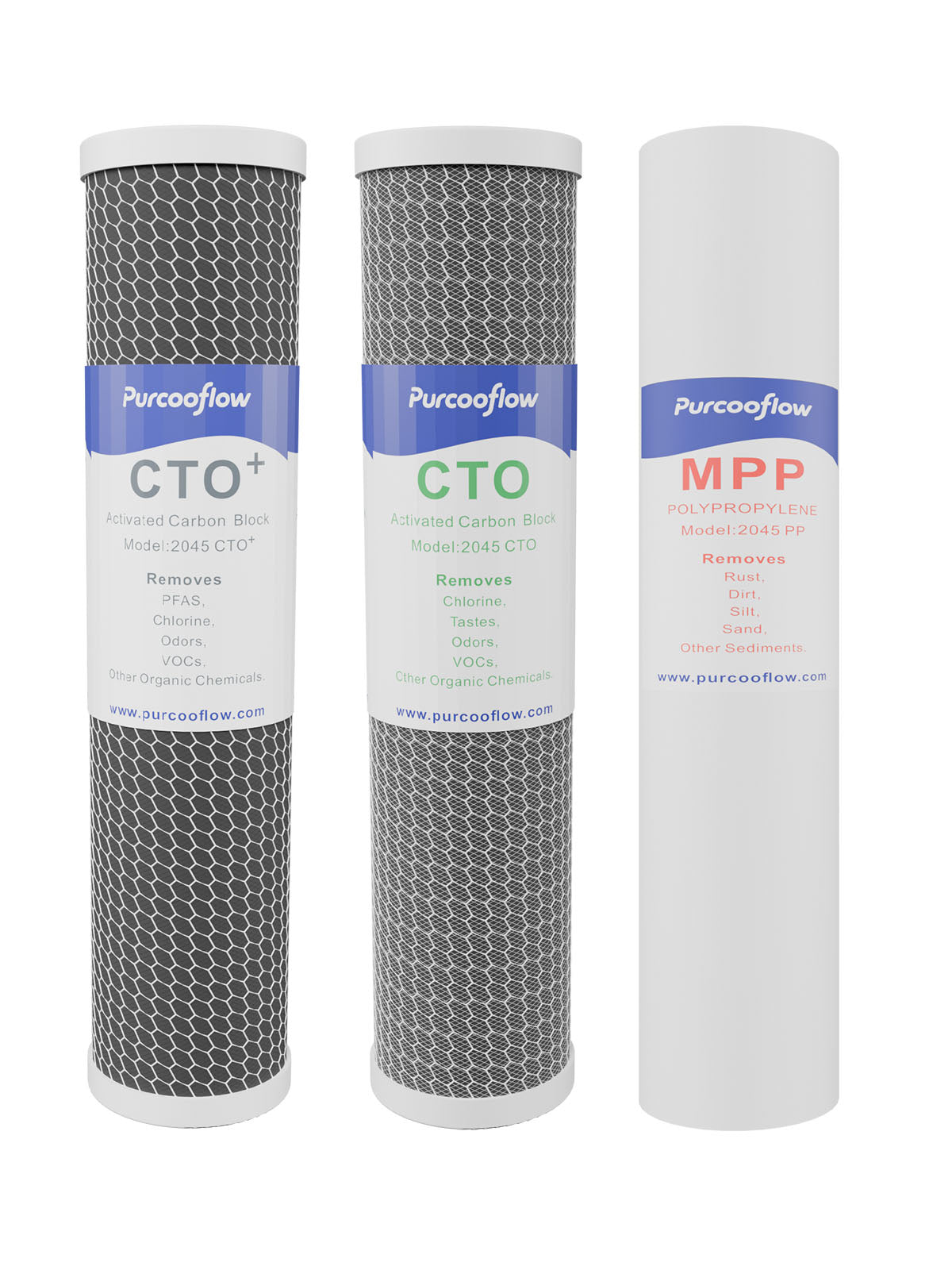 Purcooflow 20" x 4.5" Advanced PFAS Defense Filter Set - 3-Stage Filtration for Sediment, Chlorine, PFAS