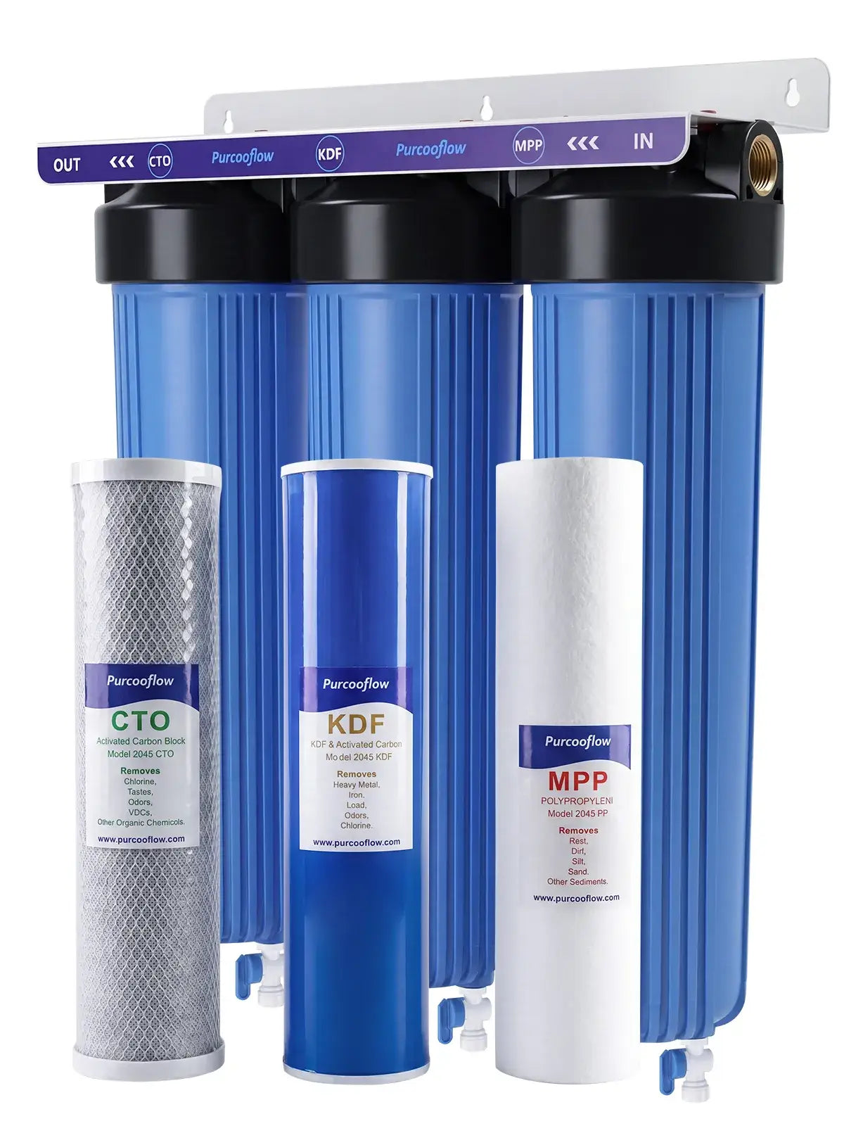 Purcooflow WHF2045B302 | 3-Stage Heavy Metals Removal Whole House Water Filter System with Triple Drain Valves for City/Well Water