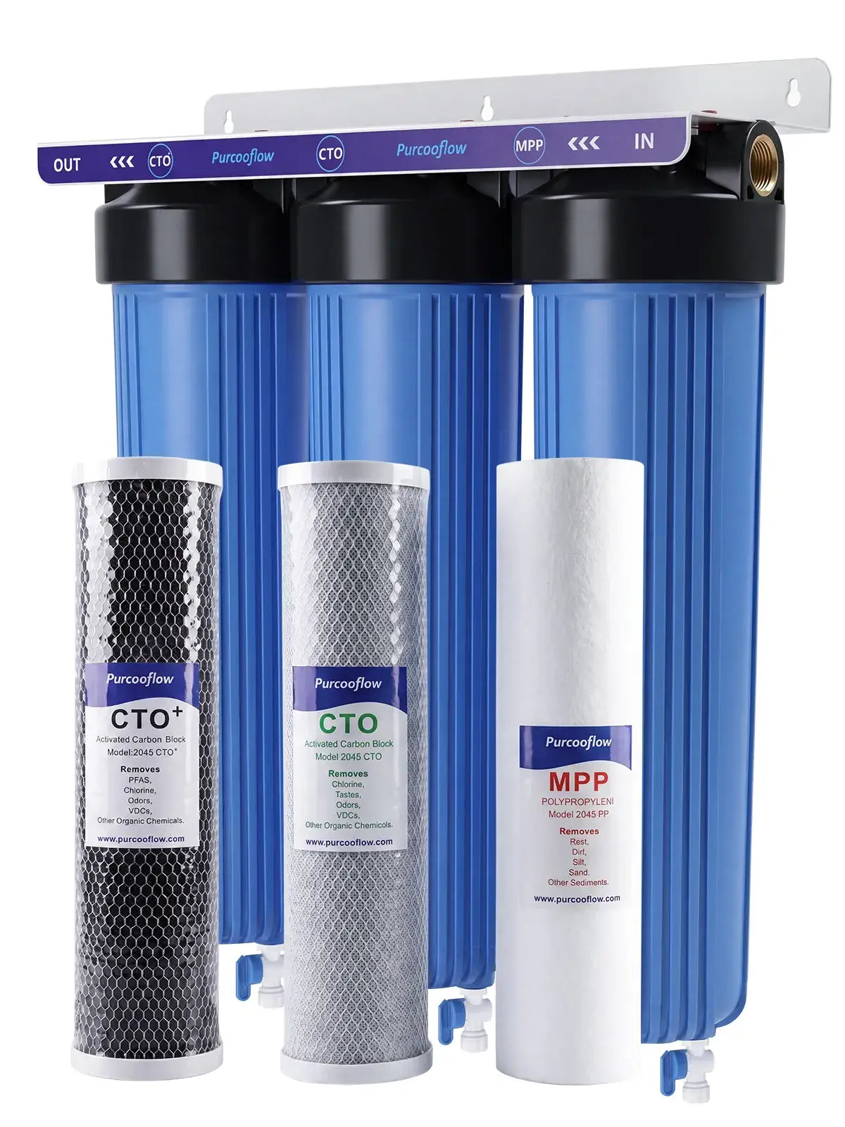 Purcooflow WHF2045B303 | 3-Stage PFAS Removal Whole House Water Filter System with Triple Drain Valves for City/Well Water