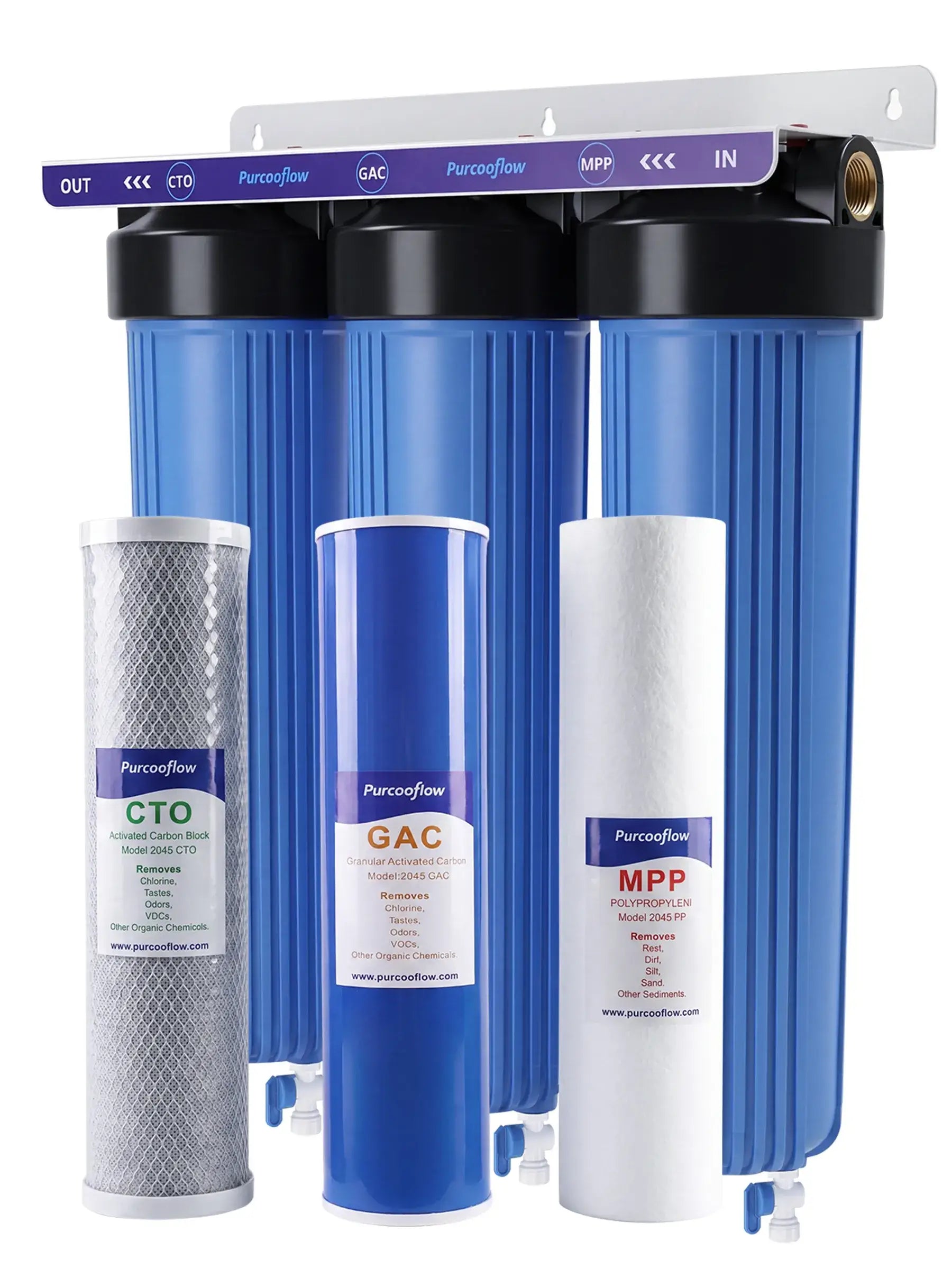 Purcooflow WHF2045B301 | 3-Stage Chlorine, Odor Removal Whole House Water Filter System with Triple Drain Valves for City/Well Water