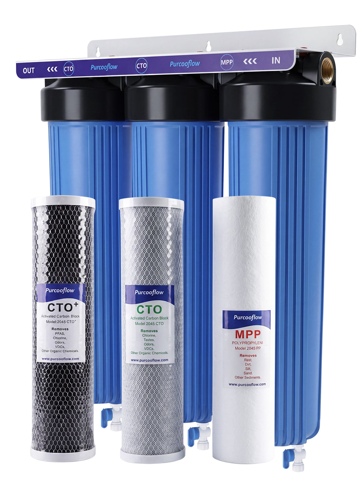 Purcooflow WHF2045B303 | 3-Stage PFAS Removal Whole House Water Filter System with Triple Drain Valves for City/Well Water