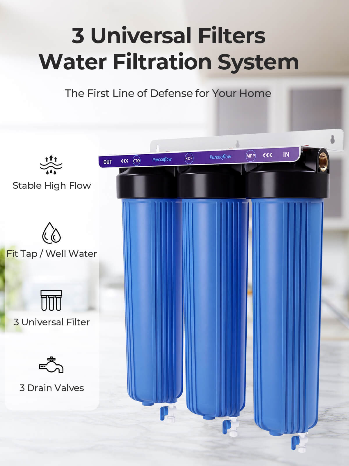 Purcooflow WHF2045B302 | 3-Stage Heavy Metals Removal Whole House Water Filter System with Triple Drain Valves for City/Well Water
