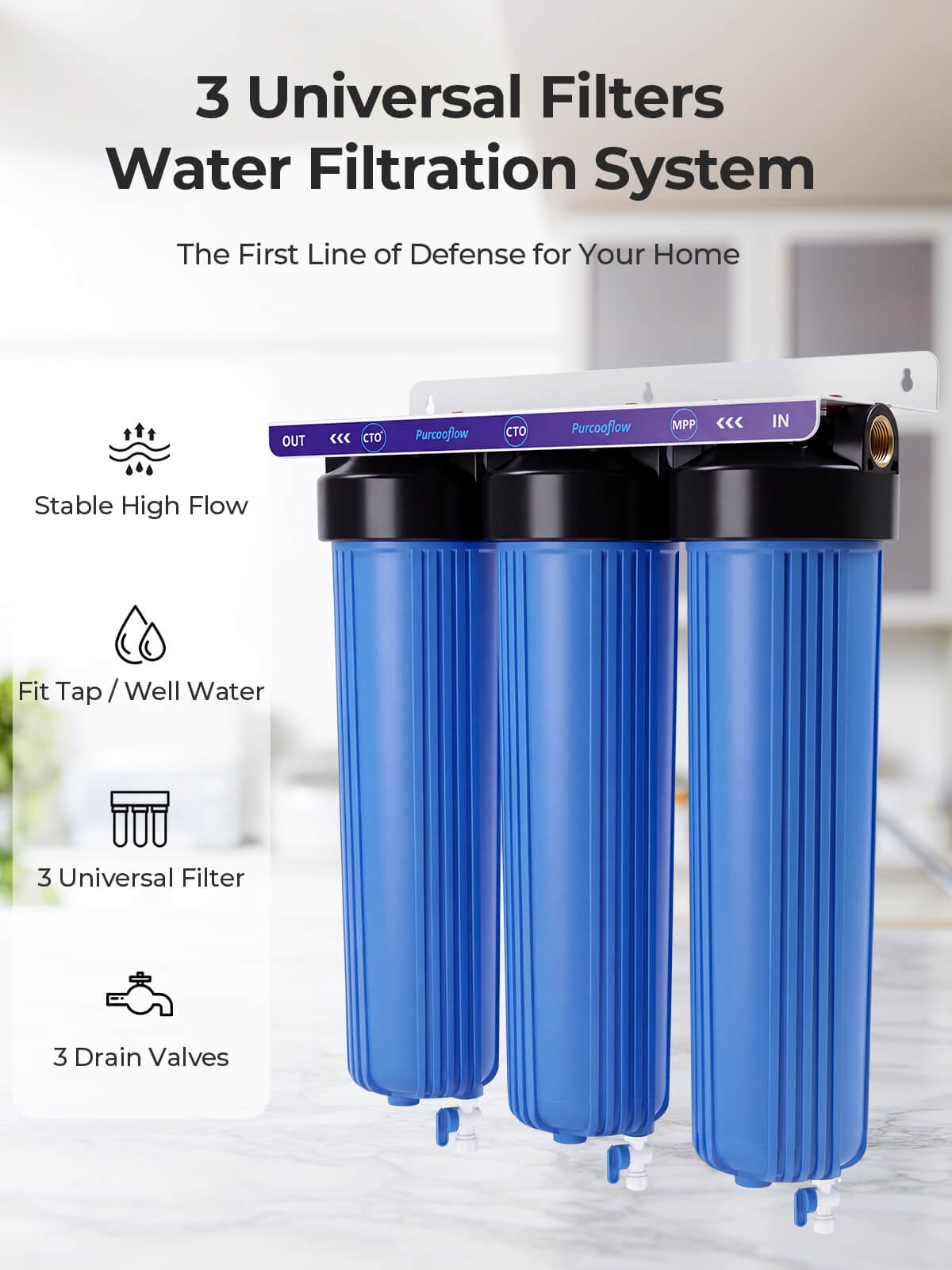 Purcooflow WHF2045B303 | 3-Stage PFAS Removal Whole House Water Filter System with Triple Drain Valves for City/Well Water